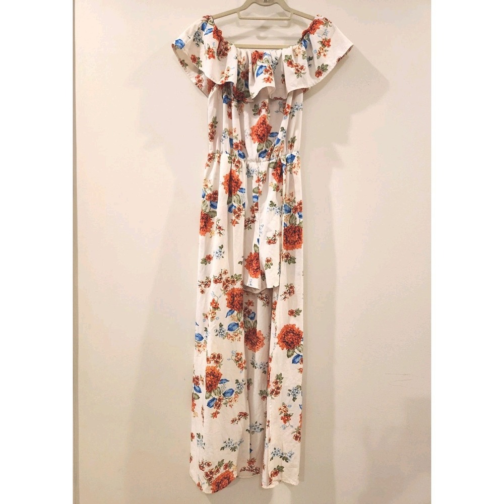 Elle Rae Floral Maxi Romper Dress Off Shoulder Ruffle Beachy Boho Size Small